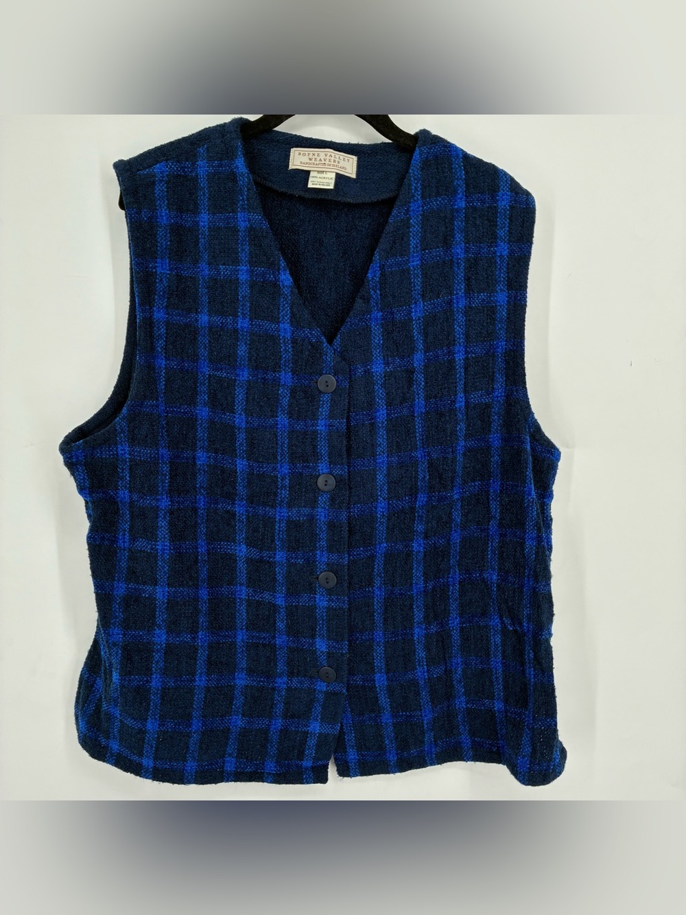 Boyne Valley Weavers Womens Large Blue Plaid Button Up Vest Chunky Knit